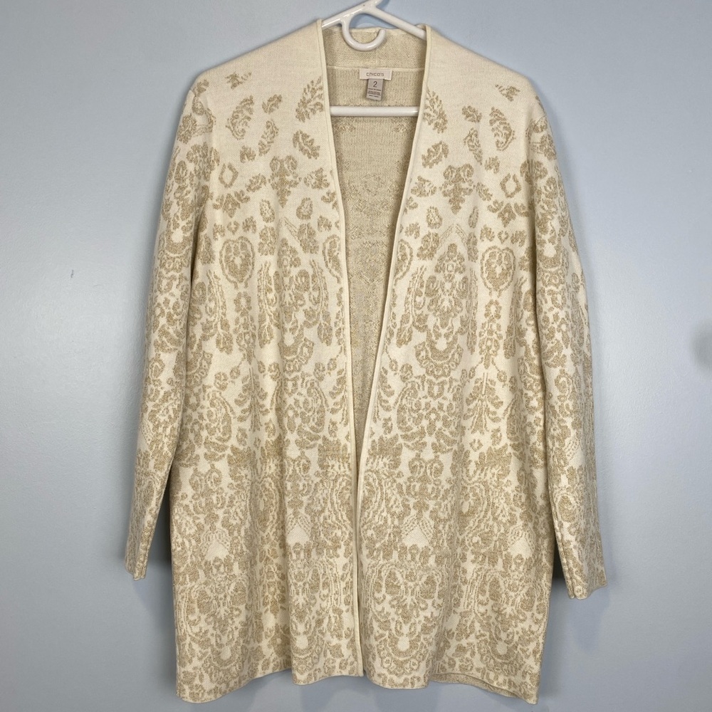 Chicos Women’s White Gold Metallic Open Front Duster Sz 2  Large Transition Chic
